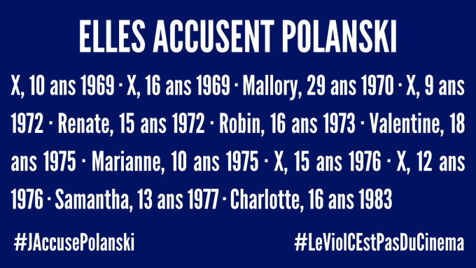 Honte à <a href="/TF1/">TF1</a> d'avoir offert une tribune à E. Seigner à une heure de si grande écoute alors qu'elle relativise la pedocriminalité 😶bcp d'autres femmes/enfants ont accusé Polanski d'agressions sexuelles, rappel  #JaccusePolanski #Polanski