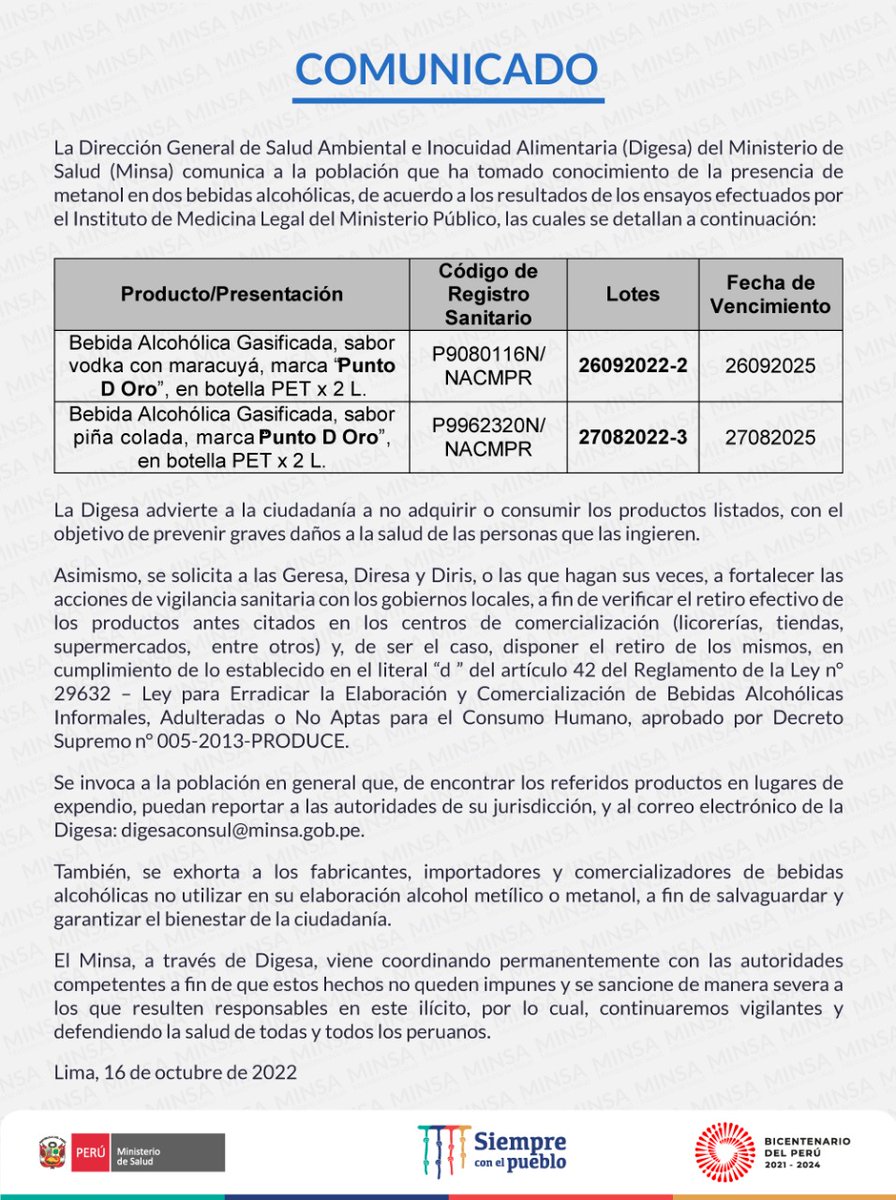 Minsa_Peru's tweet photo. 🔴 #COMUNICADO | Digesa advierte a la población sobre la comercialización de bebidas alcohólicas con presencia de alcohol metílico o metanol.
Más info 👉 https://t.co/CKOzHrdsin https://t.co/9N20nnV8Xz