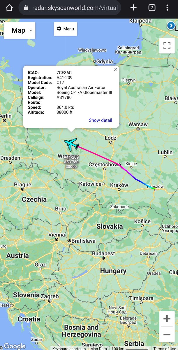 scan_sky's tweet photo. #RAAF 🇦🇺 - Boeing C-17 Globemaster III - A41-209 - #ASY780

Departed From Rzeszów-Jasionka Airport 🇵🇱 &amp; Currently Routing North West Over Poland 🇵🇱

Routing To Prestwick Airport 🏴󠁧󠁢󠁳󠁣󠁴󠁿 https://t.co/Bn3Pfn7uW0
