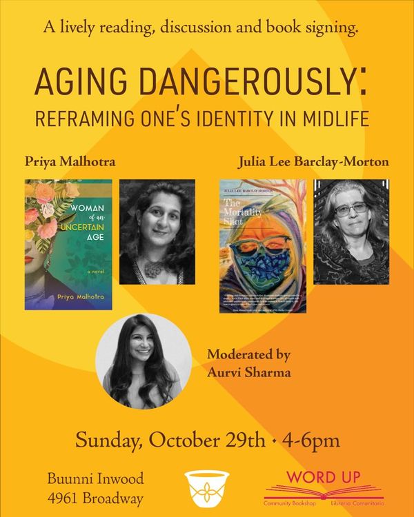 AGING DANGEROUSLY: WELCOME TO OUR BOOK EVENT IN NYC

Please come to a reading &amp; discussion of my newly-released novel “Woman of An Uncertain Age” &amp; <a href="/wilhelminapitfa/">Dr. Julia Lee Barclay-Morton</a>'s new book “The Mortality Shot” on Sat, Oct 29th. Details are in link below. Please RSVP.
eventbrite.com/e/aging-danger…