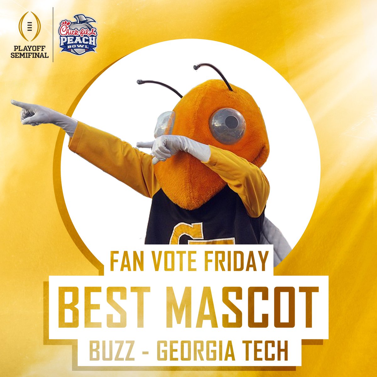CFAPeachBowl's tweet photo. Your fan-favorite mascot from recent #CFAPeachBowl and #CFAKickoff teams isโฆ ๐ @Buzz_GT! ๐
Drop some love for Buzz in the replies ๐โคต๏ธ https://t.co/ti9nIjmSmD