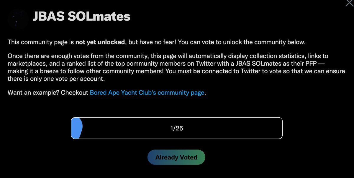 Hey <a href="/Japanese_BAPES/">Japanese Born Ape Society</a> I suggest to invite all your follower to vote your NFT on twitter and unlock the community.
I'm the first who did it!