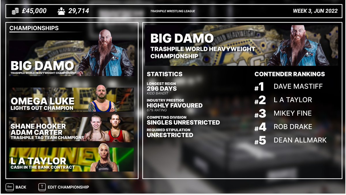 MainEventGame's tweet image. It&apos;s been a small while since we&apos;ve posted anything. We&apos;ve been busy behind the scenes, but we thought we&apos;d reveal a small WIP look into championships and contract shots in Main Event. 

From here you can have a full access to title stats, contenders and more!

#maineventgame