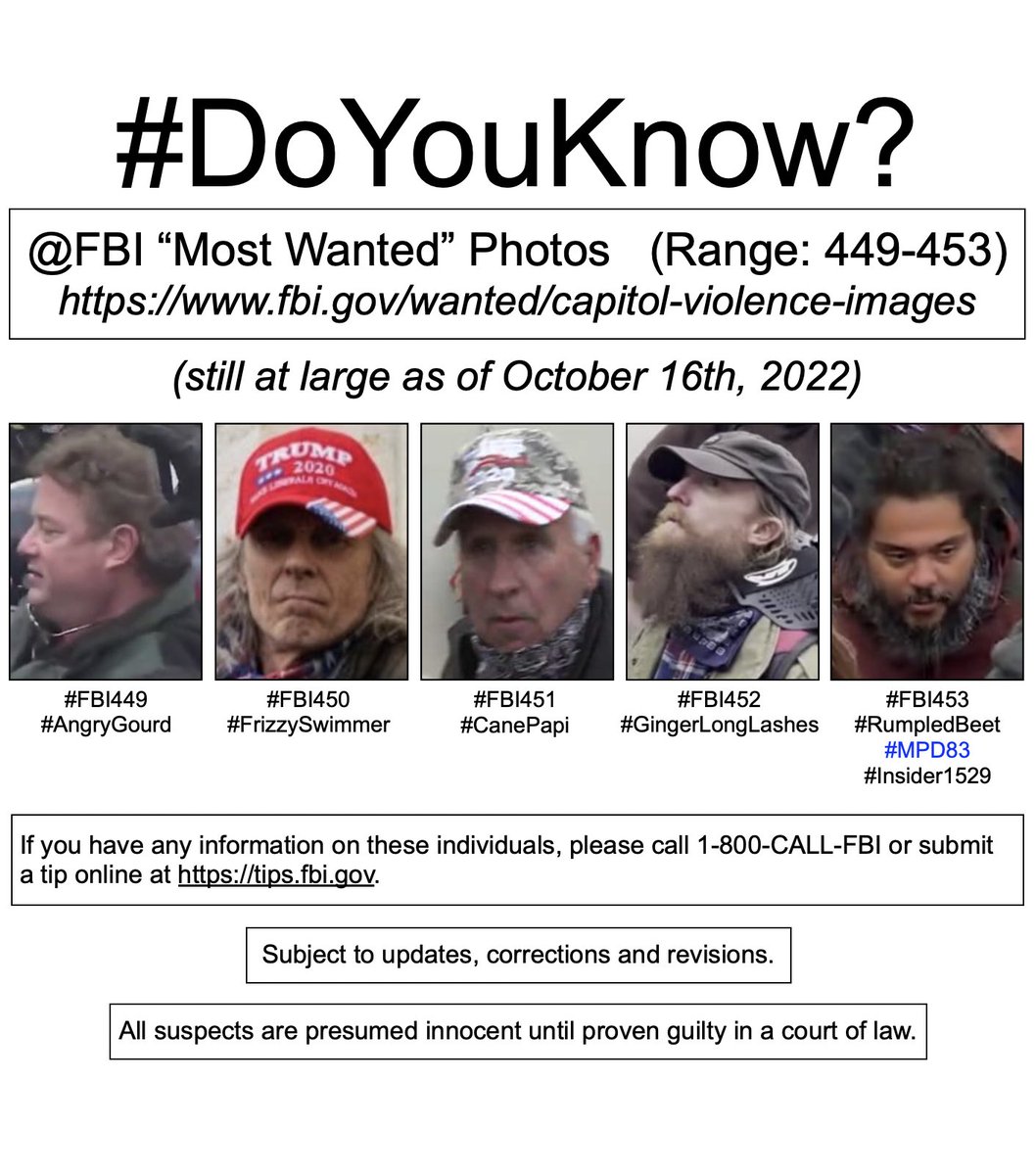 #SeditionHunters
#DoYouKnow?
🧵
52/

#FBI wanted list.
Link: fbi.gov/wanted/capitol…

Range: 449-453

#FBI449 (#AngryGourd)

#FBI450 (#FrizzySwimmer)

#FBI451 (#CanePapi)

#FBI452 (#GingerLongLashes)

#FBI453 (#RumpledBeet)(#MPD83)(#Insider1529)

#SeditionInsiders