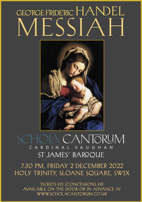 Tickets now available for the Schola's performance of Handel's Messiah. Friday 2 December, Holy Trinity, Sloane Square. trybooking.co.uk/BVDM