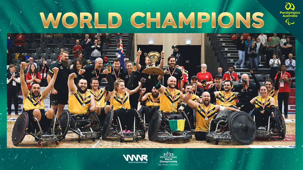 WORLD CHAMPIONS 🏆 

The Australian Steelers #WheelchairRugby team have defeated <a href="/usawchrugby/">USA Wheelchair Rugby</a> 58 - 55 in the Gold Medal Match at the <a href="/ww_rugby/">World Wheelchair Rugby</a> World Champs.

Read all the reactions out of Vejle: bit.ly/3VJWQBN
 
📸: Lars Møller

#2022WRWC #VEJLE2022
