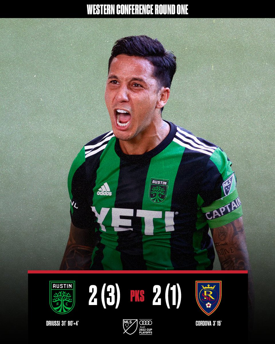 MLS's tweet photo. AUSTIN ARE THROUGH!

Driussi's goals &amp; Stuver's shootout saves send @AustinFC to the next round.

#ATXvRSL // Audi #MLSCupPlayoffs https://t.co/ALr5B90wRB