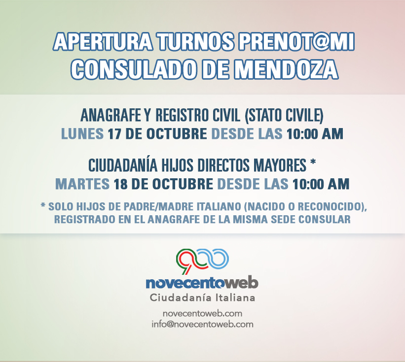 novecentoweb's tweet photo. APERTURA DE TURNOS
CONSULADO DE ITALIA MENDOZA
17/10/22 #anagrafe y #statocivile
18/10/22 #ciudadaniaitaliana hijos directos mayores con madre/padre italiano (nacido/reconocido) inscripto en misma sede
Desde 10 hs por #prenotami
Los turnos son gratuitos
#fastit #novecentoweb https://t.co/7LEy1zGSqn