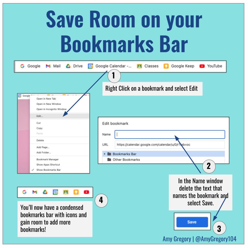 Are you a Chrome user? Quickly access ALL of your bookmarks with this #Google Habit. Remove the name to save room and add more! Give it a try! #googleedu #productivity #googleproductivity