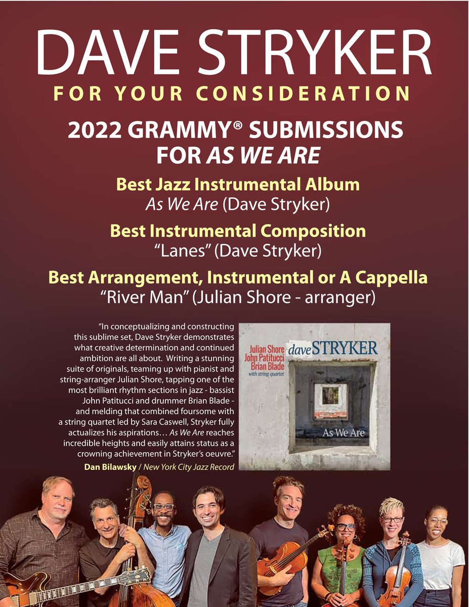My album As We Are with <a href="/julianshore/">Julian Shore</a> <a href="/JohnJPatitucci/">John Patitucci</a> <a href="/BrianBlade/">Brian Blade</a> <a href="/SaraCaswellVLN/">Sara Caswell</a> and string quartet is up for a Grammy in the first round. You can listen here-thanks!
open.spotify.com/album/2n7e6xX6…
music.apple.com/us/album/as-we…
youtu.be/cD1Lmhl43bs
youtu.be/Qb9mZqLDR44