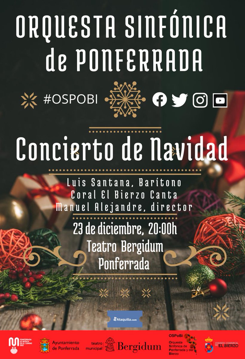 sinfonicaponfe's tweet photo. Hoy salen a la venta las entradas del concierto de Navidad: 23 de diciembre. Con Luis Santana
y coral El Bierzo Canta
Taquilla teatro y web https://t.co/2RkOa5aPha
#Navidad #opera #zarzuela #villancicosnavideños #ponferradaesmusica
Patrocina ayto de #Ponferrada #OSPoBi https://t.co/1RoPnDre8b