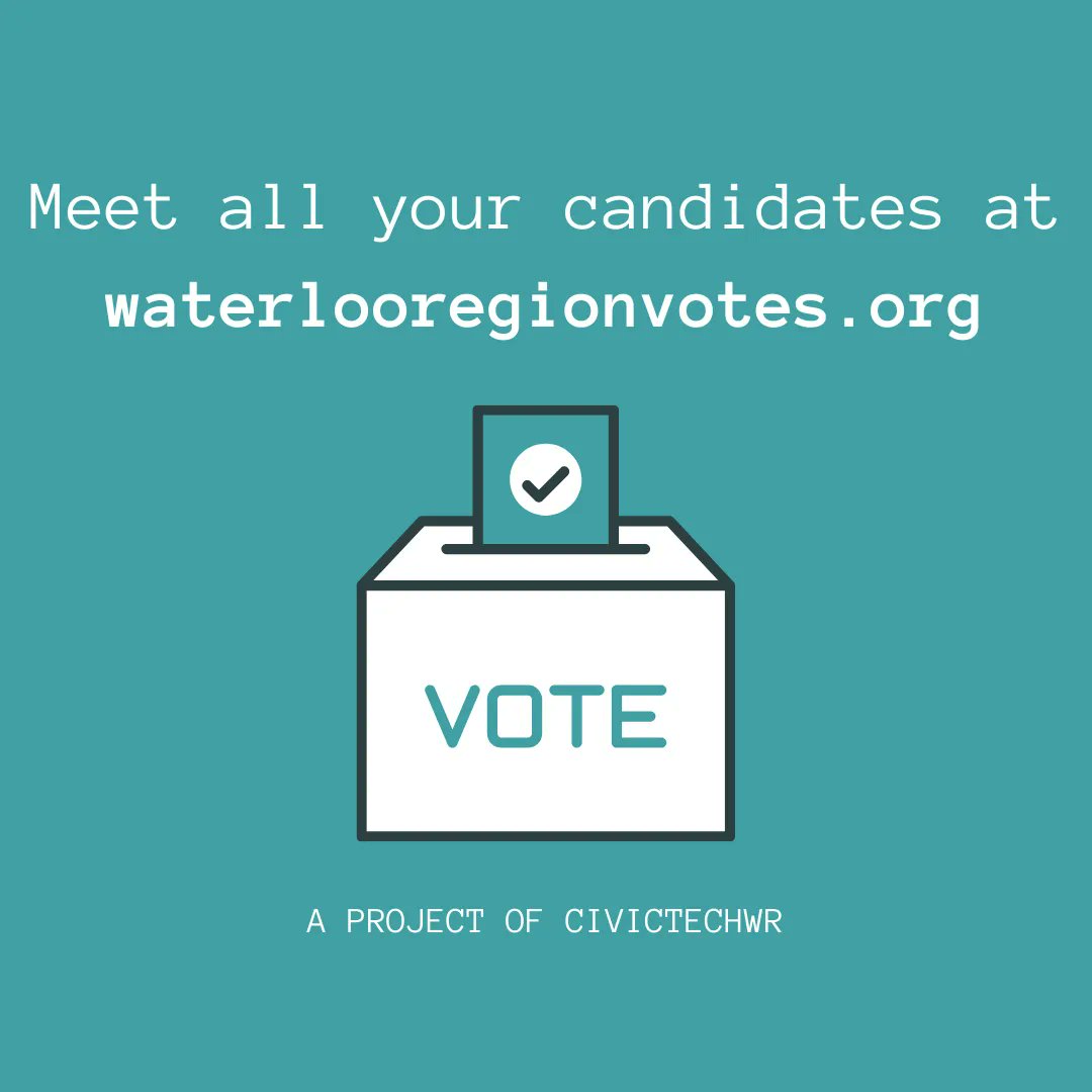 CivicTechWR's tweet photo. Head into the week with a plan for the ballot box, meet all the candidates on your ballot at https://t.co/FvSbGqDkxa 

#wrpoli #watreg #waterlooregion #waterloo #kitchener #cambridge #wilmot #woolwich #northdumfries #wellesley #wrawesome https://t.co/EYcOYewePr