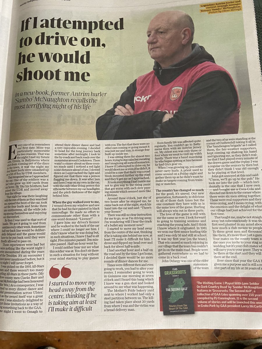 Riveting read in Sunday indo from Sambo McNaughton from his travels as a hurler during during the ‘Troubles’⁦<a href="/AntrimGAA/">AntrimGAA</a>⁩ ⁦<a href="/officialgaa/">The GAA</a>⁩ ⁦<a href="/UlsterGAA/">Ulster GAA</a>⁩  ⁦<a href="/CrokePark/">Croke Park</a>⁩ ⁦<a href="/SundayIndy/">Sunday Independent</a>⁩