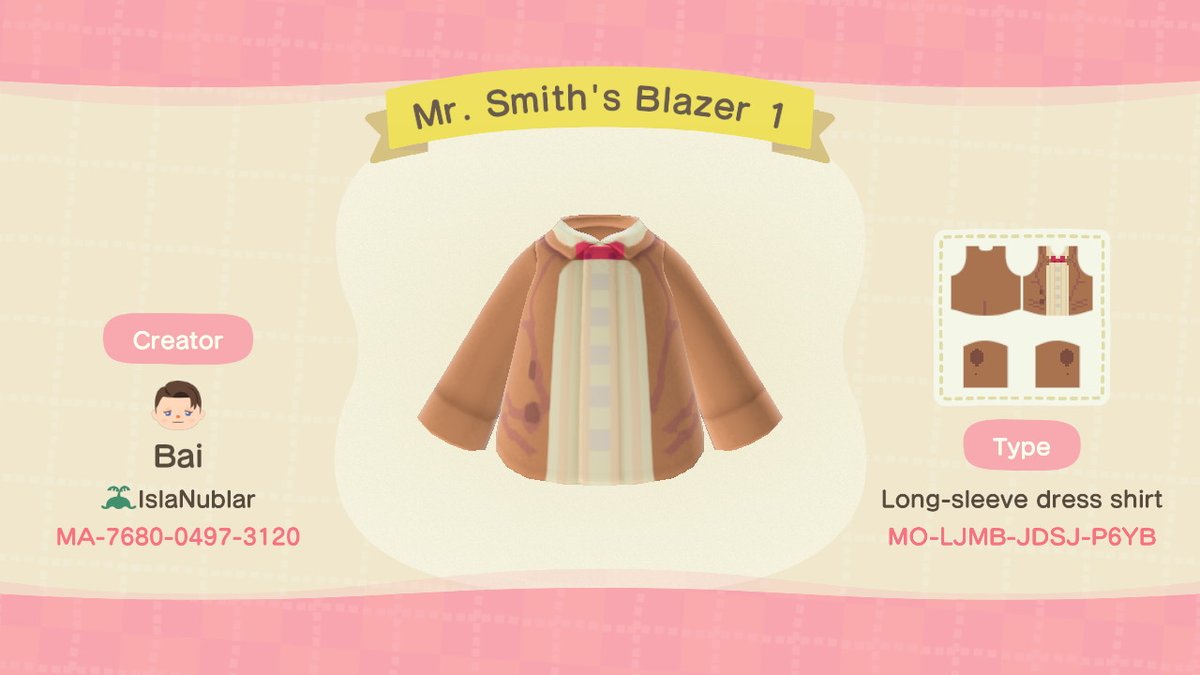 ArtByBai's tweet photo. My newest Doctor Who? -inspired #acnhcustomdesign , "Mr. Smith's Blazer"! (version 1!) #AnimalCrossing #ACNH #NintendoSwitch https://t.co/RU7kw6f81J