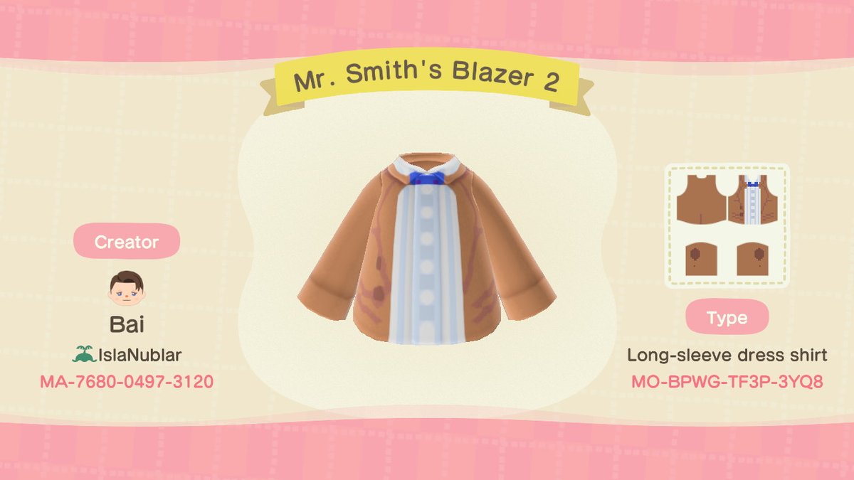 ArtByBai's tweet photo. My newest Doctor Who? -inspired #acnhcustomdesign , "Mr. Smith's Blazer"! (verson 2!) #AnimalCrossing #ACNH #NintendoSwitch https://t.co/p1KDEbX0ka