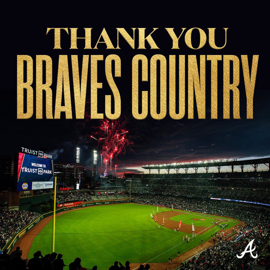 Braves's tweet image. Braves Country, thank you for showing up in record numbers to Truist Park and following us all season long. We are incredibly thankful for your support and passion.

#ForTheA
