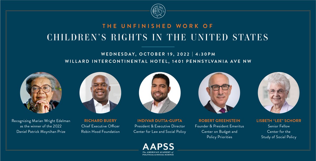 We're thrilled that Marian Wright Edelman will be honored on 10/19 as the 2022 Daniel Patrick Moynihan prize recipient. You can attend this event by registering at invtdu.to/_986j0. #AcademyMeets 

<a href="/TheAAPSS/">The AAPSS</a> <a href="/IndivarD/">'Indi' Dutta-Gupta</a> <a href="/RichardBuery/">Richard Buery, Jr.</a> <a href="/BobGreensteinDC/">Bob Greenstein</a> <a href="/CtrSocialPolicy/">CSSP</a>