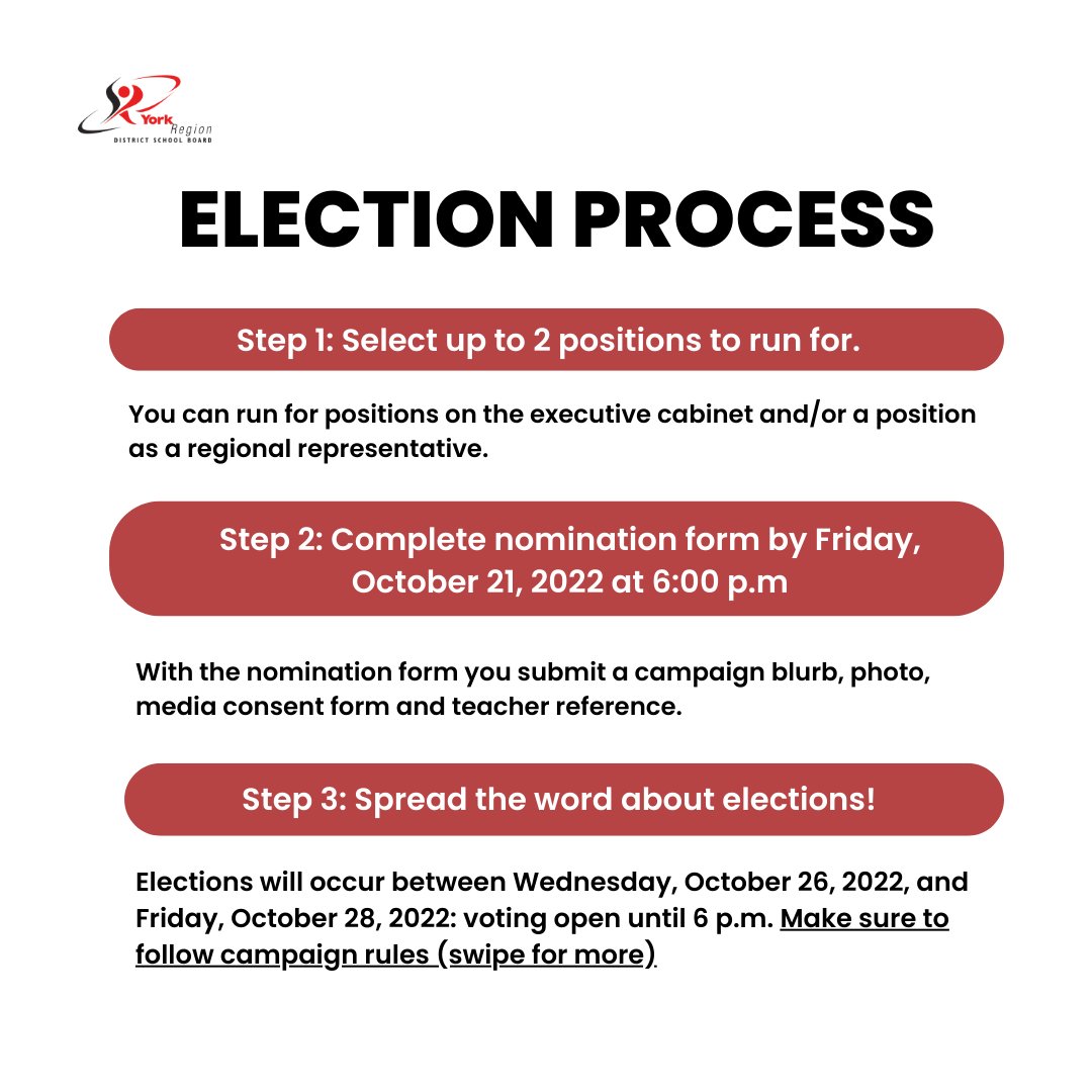 YRDSB_Students's tweet photo. (1/2) Nominations for the York Region Presidents’ Council Election are now open! Submit your nomination by Friday, October 21 at 6 PM at https://t.co/sZtUB0tTTT. https://t.co/I4mbgIe636
