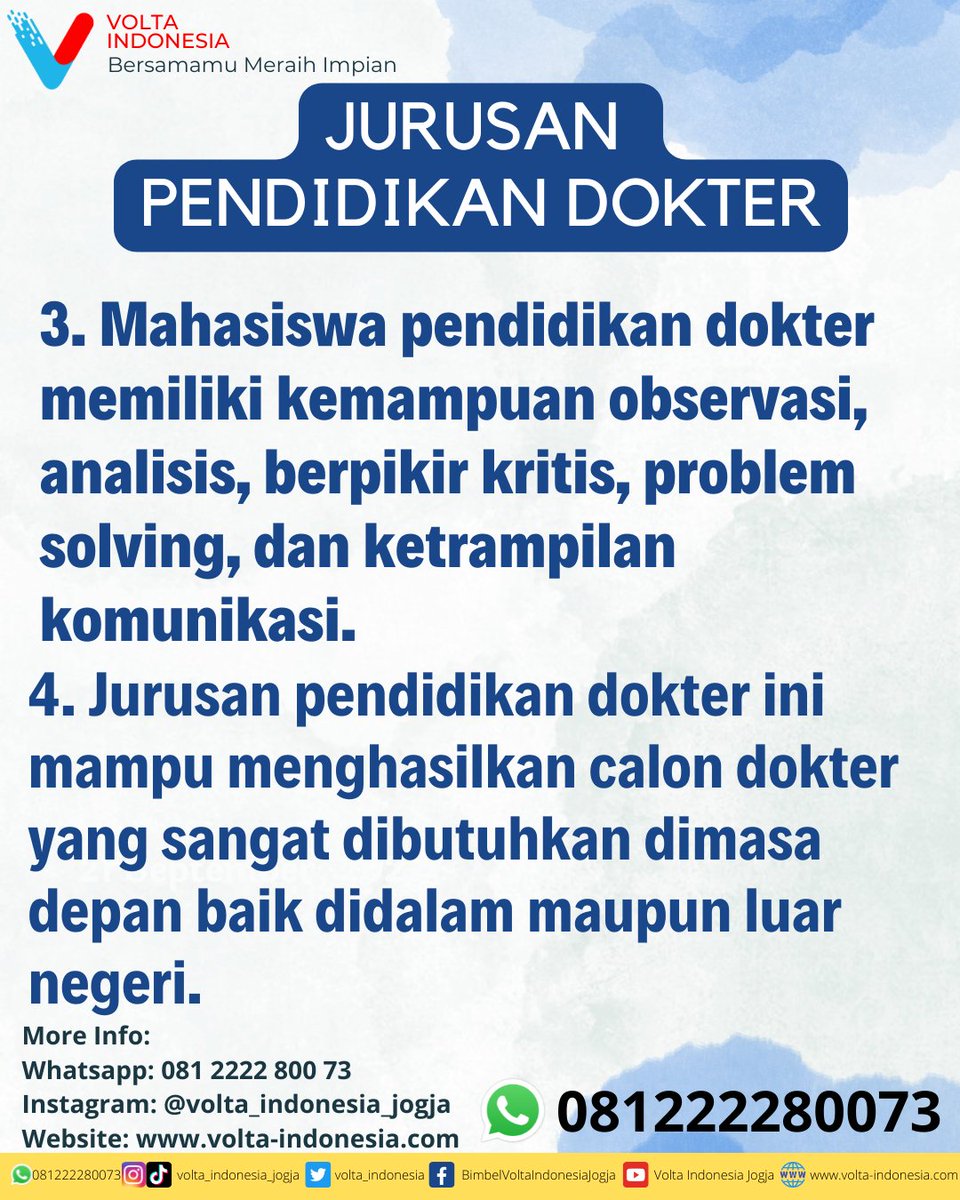 volta_indonesia's tweet photo. Hal yang harus kalian tahu kalau mau masuk prodi pendidikan kedokteran... Yuk siapkan bersama BIMBEL VOLTA INDONESIA
#voltaindonesia #bersamamumeraihimpian #3SMA #gapyear #bimbelutbk #snbt2023 #utbksnbt #kedokteran #bimbelkedokteran #bimbelmurahjogja https://t.co/PG8Vjy6pWs
