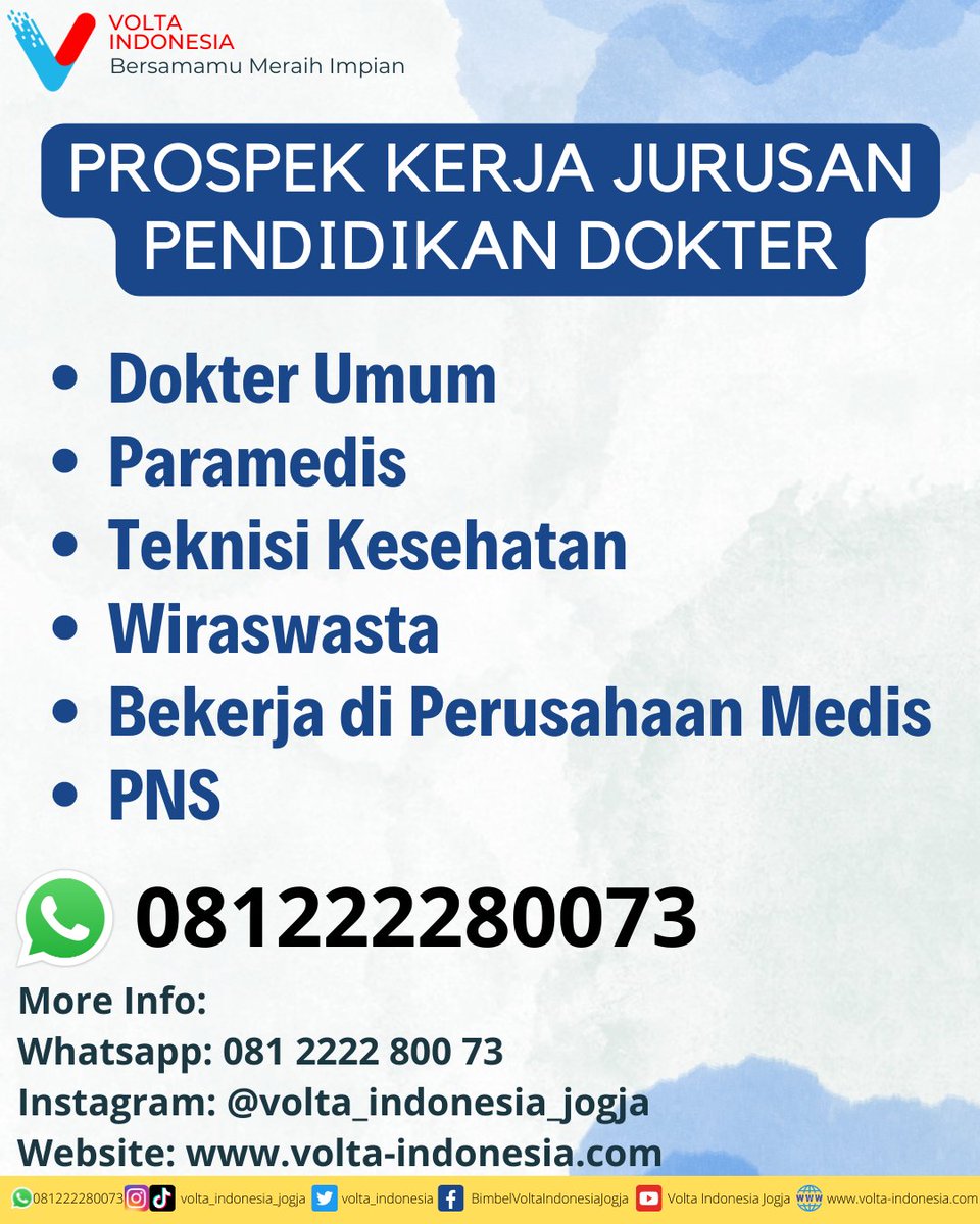 volta_indonesia's tweet photo. Hal yang harus kalian tahu kalau mau masuk prodi pendidikan kedokteran... Yuk siapkan bersama BIMBEL VOLTA INDONESIA
#voltaindonesia #bersamamumeraihimpian #3SMA #gapyear #bimbelutbk #snbt2023 #utbksnbt #kedokteran #bimbelkedokteran #bimbelmurahjogja https://t.co/PG8Vjy6pWs