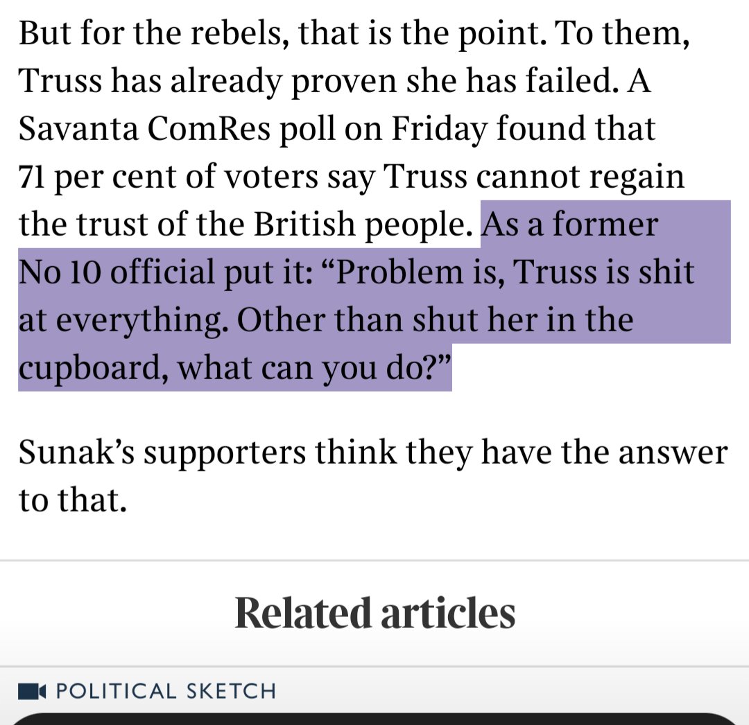 Upsdell's tweet photo. “Problem is, Truss is shit at everything."

What a way to finish a superb article in the Times today https://t.co/aZjnccnYm9