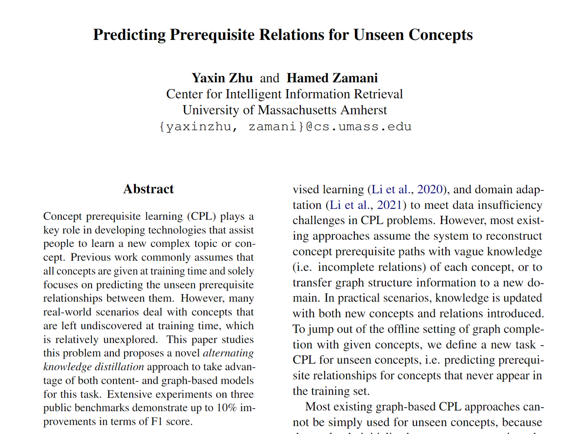 In her #EMNLP2022 paper, @yaxinzhuars introduces a joint content- & graph-based approach for predicting prerequisite relations between concepts, with a focus on unseen concepts. This is our first step towards developing search engines for learning activities. #SearchAsLearning