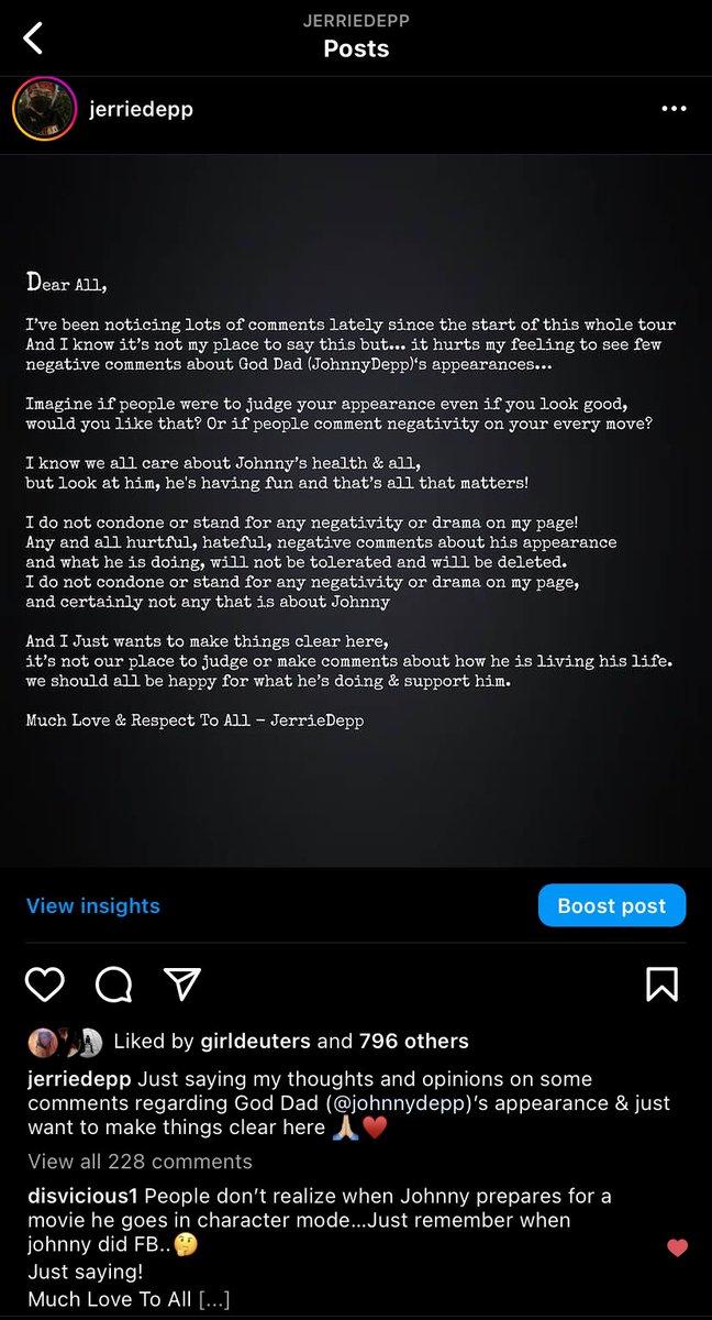 Just saying my thoughts and opinions on some comments regarding God Dad (#johnnydepp)’s appearance &amp; just want to make things clear here 🙏🏼♥️ Gina Liked It &amp; Tommy Liked &amp; Commented it 👍🏼

#JohnnyDeppWon
#JusticeForJohnnyDepp
#NeverFearTruth