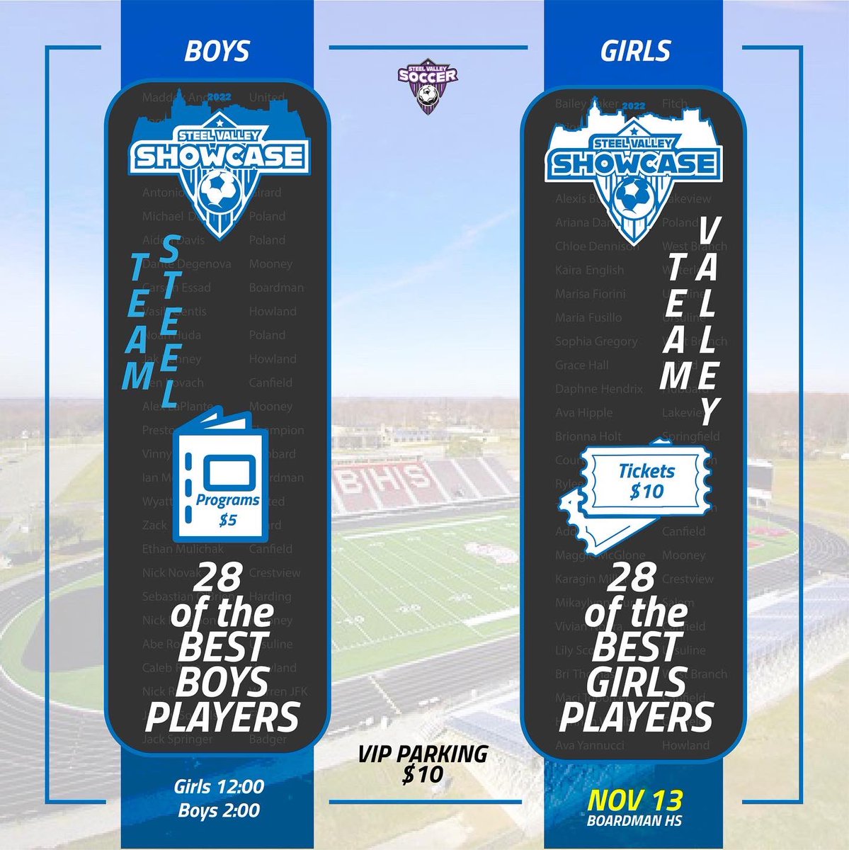 steelvalleySVS's tweet photo. After tons of research and review we have our 56 players invited to play in the 2022 Steel Valley Soccer Showcase Game.  There are many great players and we did our best to narrow it down to 56 but it was not easy. Players invited should fill out the form on our website by Nov 1 https://t.co/1Xt17Dojpu