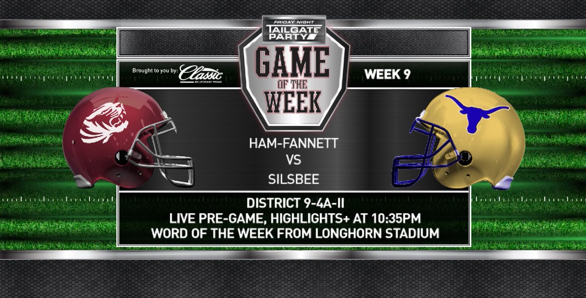 kfdmsports's tweet photo. It's going to be a fight to the finish in District 9-4A-II and the #KFDMTailgate Party is headed to @HFLonghorns409 for their battle against undefeated @SilsbeeTigersFB. Live pregame, highlights + post lead off! See ya Friday at 10:35pm on the #KFDMTailgate Party https://t.co/EmIee5RHf3