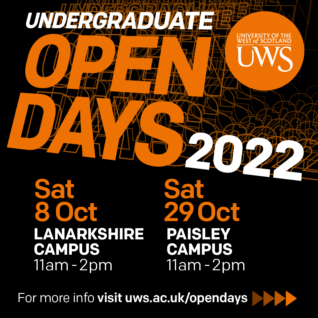 UniWestScotland's tweet photo. Join us at UWS Paisley campus for our undergraduate Open Day on Saturday 29th October, 11am-2pm - explore the campus, and find out more about study options in health, business, education, science, engineering, computing and more. Register now: https://t.co/dfhNpoBaJG https://t.co/HVaDyebua8