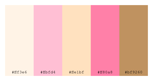 ColPaletteBot's tweet photo. Beep beep, here's a pretty color palette for you! 

color-scheme.js parameters used: 
- hue: 199
- variation: light
- colors: #fff3e6, #ffbfd4, #ffe1bf, #ff80a8, #bf9260

Have a lovely evening!

#twitterbot #colorpalette #colors #palette #prettycolors https://t.co/gKjXTh0Dse