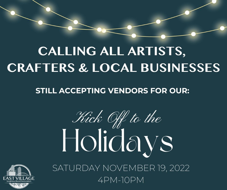 CALLING ALL ARTISTS, CRAFTERS &amp; LOCAL BUSINESSES!  Space available for vendors to join us on November 19th!  yycevna.org/event-4988943
#yyc #yyclocal #yycnow #yycliving #calgarydowntown #eastvillagecalgary #evneighbours #holidaynightmarket #christmasmarket #supportlocalyyc #yycevna