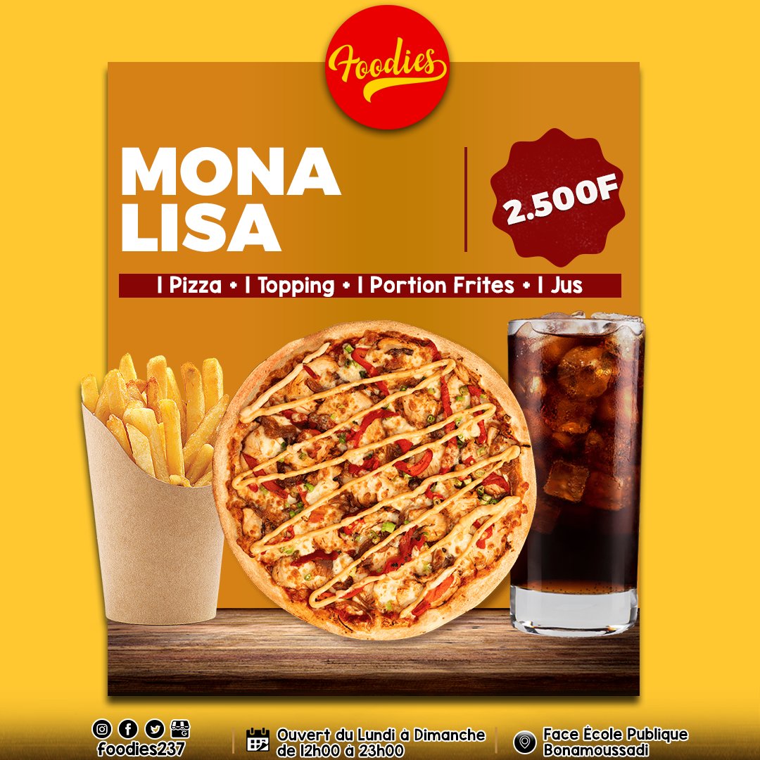 Foodies_237's tweet photo. Hey 😋
#PizzaMenu
#MONALISA
* 1 Pizza
* 1 Topping
* 1 Portion Frites
* 1 Jus
#pizza
#PROMO

#WeAreFoodies😎
#IciEtNullePart✌🏾
📆 Ouvert tous les jours
⏱ De 12h à 23h
📲 654-400-400
📍 Bssadi Face École Publique https://t.co/r1noay8WjA