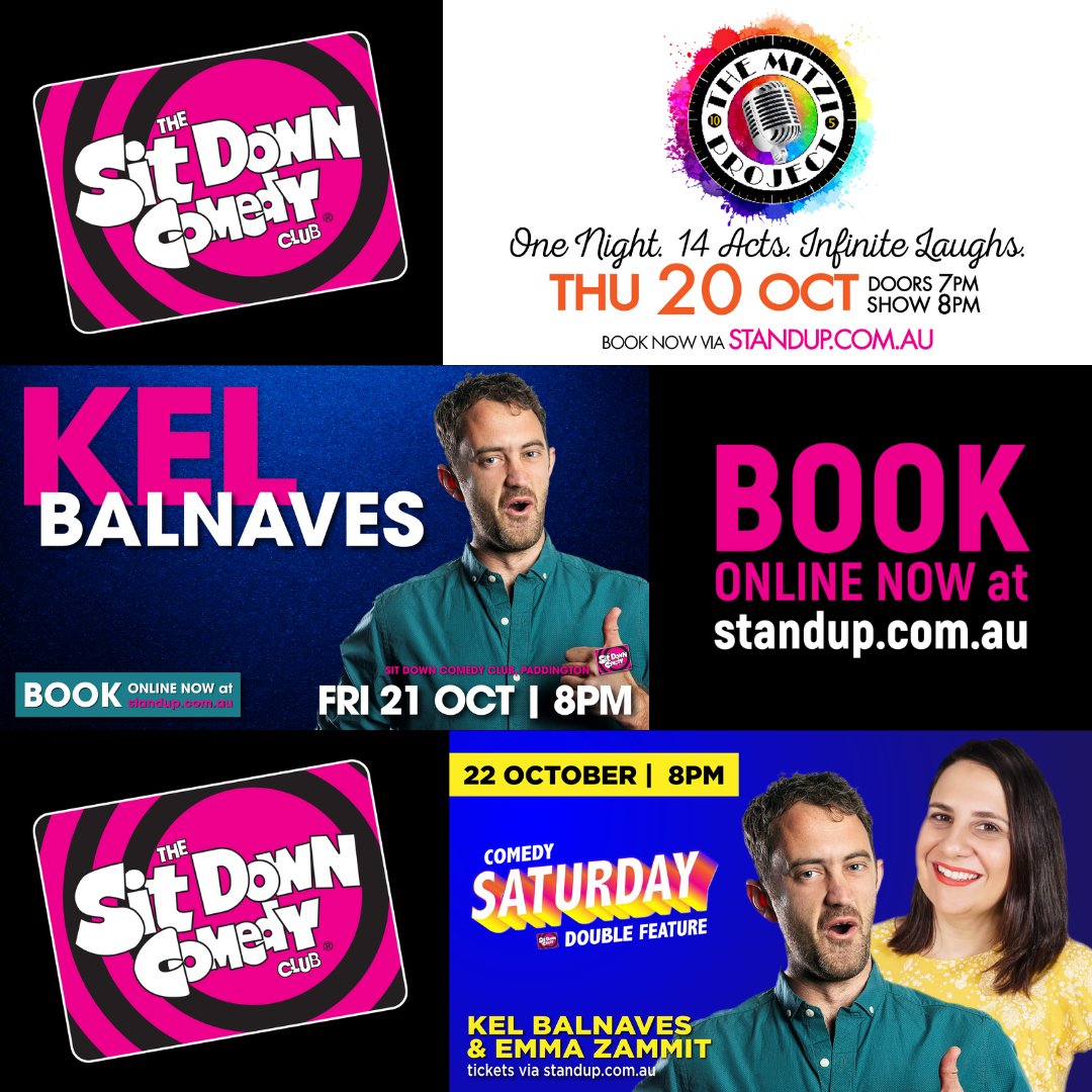 The Sit Down Comedy Club (@sitdownclub) on Twitter photo This week at the Sit Down: <a href="/kelbalnaves/">Kel Balnaves</a>, <a href="/EmmaJZammit/">Emma Zammit</a>, <a href="/MikevanA/">Mike van Acker</a> & MORE!!
Website. Tickets. You know what to do.
standup.com.au
((but just in case you don't: buy some tickets. That's what you should do)) This week at the Sit Down: <a href="/kelbalnaves/">Kel Balnaves</a>, <a href="/EmmaJZammit/">Emma Zammit</a>, <a href="/MikevanA/">Mike van Acker</a> & MORE!!
Website. Tickets. You know what to do.
standup.com.au
((but just in case you don't: buy some tickets. That's what you should do))