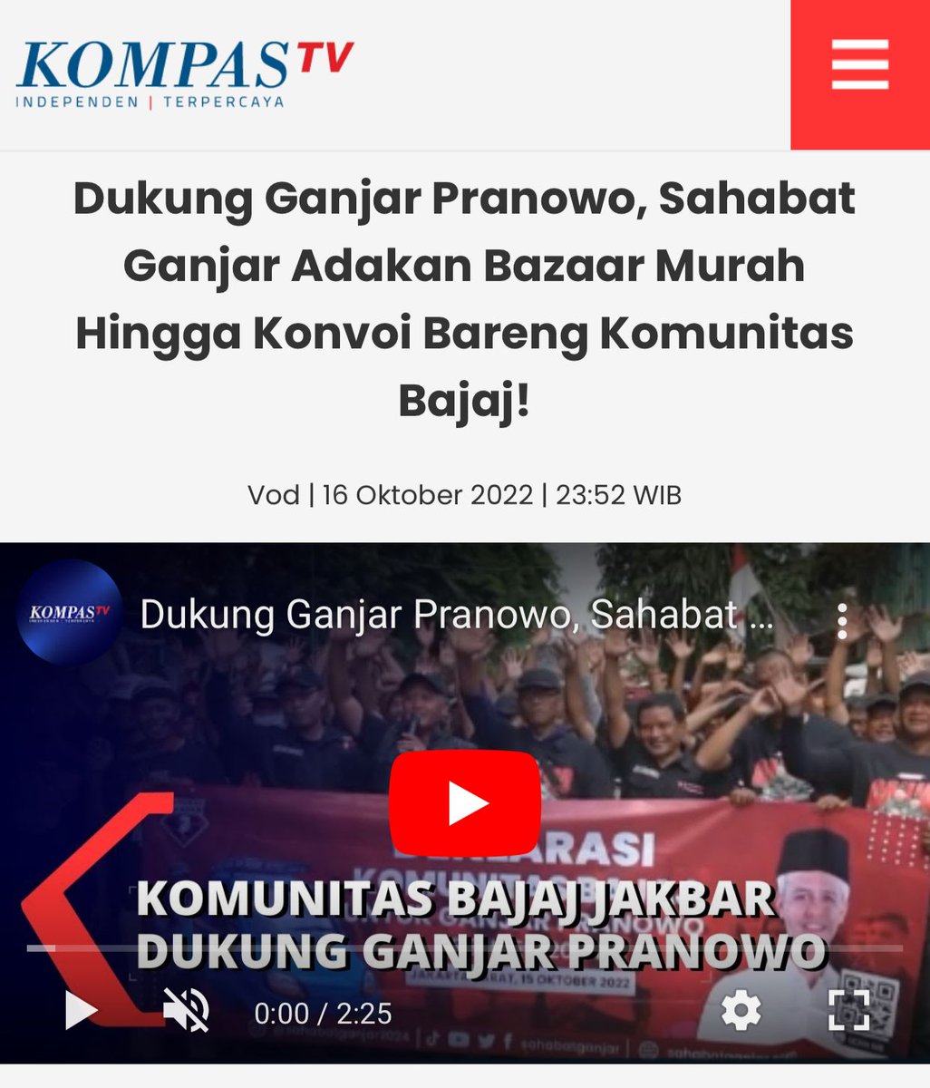 Jelang pemilihan Presiden 2024 nanti, berbagai dukungan terus mengalir kepada Ganjar Pranowo.

Sukarelawan #SahabatGanjar mengadakan kegiatan Bazaar Murah di akhir pekan, sekaligus mengenalkan sosok Gubernur <a href="/ganjarpranowo/">Ganjar Pranowo</a> kepada masyarakat.

kompas.tv/amp/article/33…