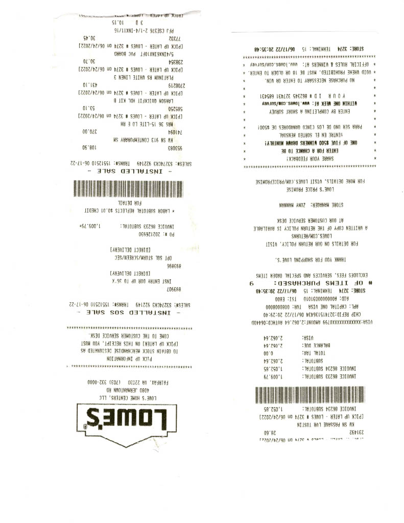 johannarb's tweet photo. I bought a side &amp; screen door @Lowes 6/17/22 for the doors and installation I paid $2,062.64.  They installed the doors INCORRECTLY in July 2022.  I trusted @Lowes so much at the time that I even scanned the receipt upside down. https://t.co/kM4anWRUSr