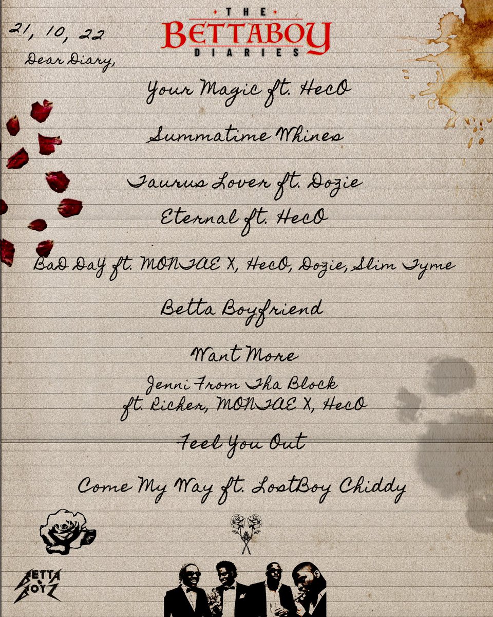 The BettaBoy Diaries, our first studio album releases this Friday October 21st! huge thanks to everyone who played a part in bringing this project to life 🌹

tracklist art: <a href="/black_powr/">nomad</a> x <a href="/hecoleee/">HecO</a>