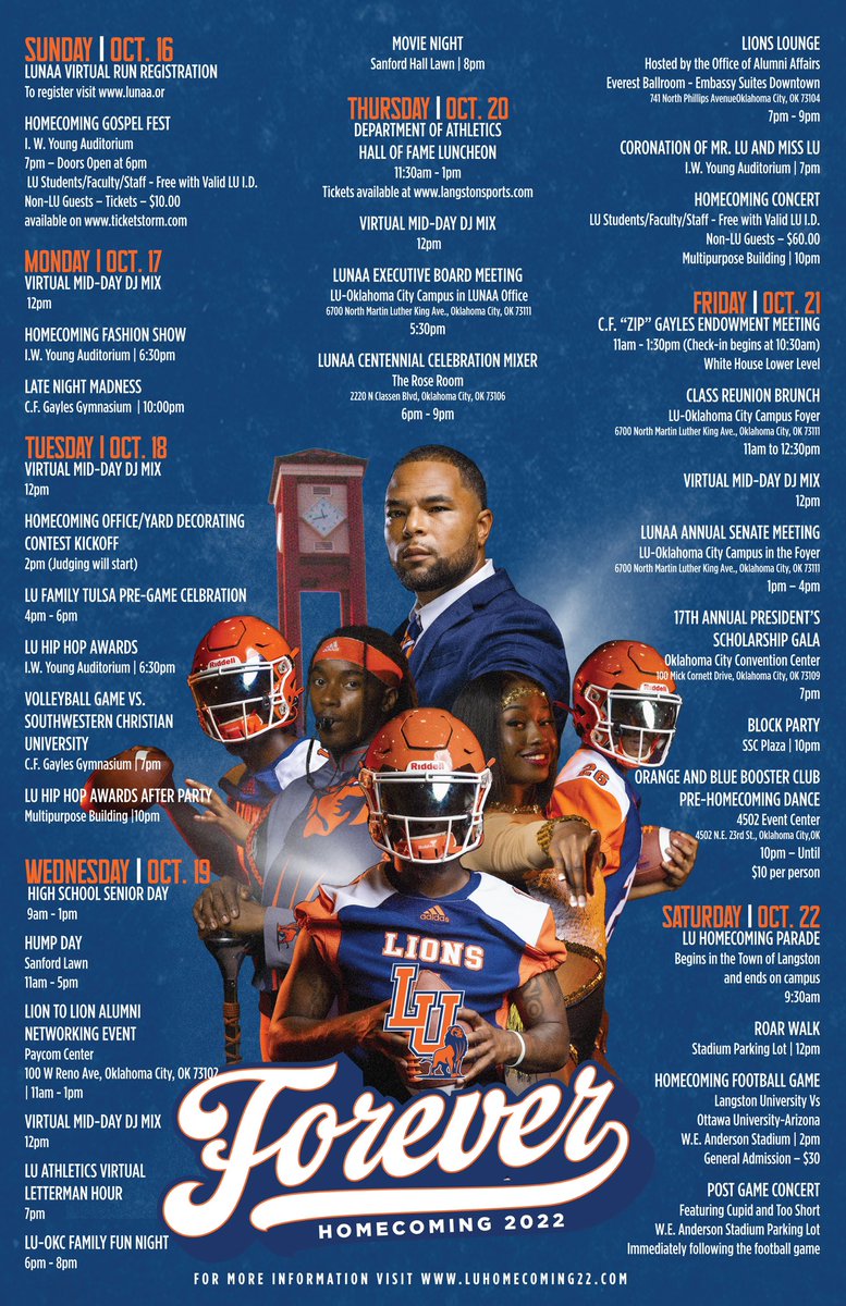 LangstonU's tweet photo. It’s time to celebrate #LUForever.
Please join us for all of our #LUHomecoming22 festivities! View our full schedule here, and #GoLions!

#HBCUPride #HBCUHomecoming https://t.co/Q5kwMxnLjW