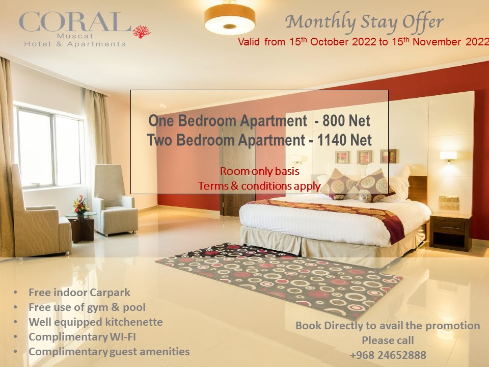 Coral_Muscat's tweet photo. Monthly stay offer upto 15th November 2022 https://t.co/z56mBvW9dh