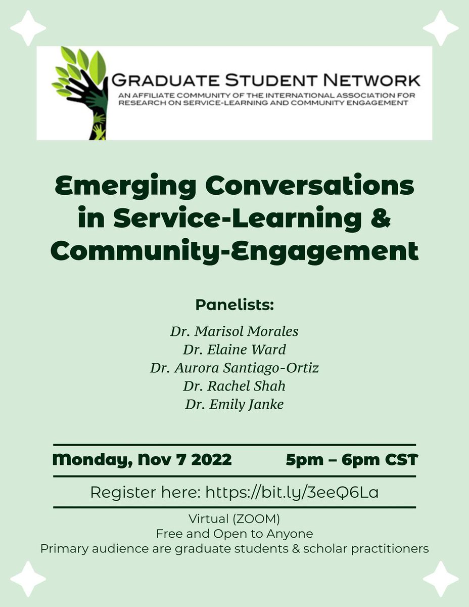 EngageSchlrship's tweet image. @IARSLCEGrad, affiliated community of @IARSLCE, virtual event "Emerging Conversations in Service-Learning &amp;amp; Community Engagement

Date: Monday, November 7, 2022
Time: 5 p.m. - 6 p.m. CST

Register here: tinyurl.com/yckfyn9s