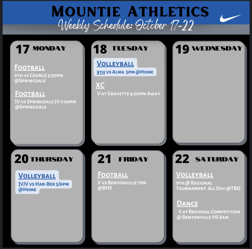 Mounties in action this week! Let’s Go!! #MountieTough! @RPS_Athletics <a href="/RogersMountieFB/">Rogers Mountie FB</a> <a href="/Mountie_VB/">RHS Volleyball</a> <a href="/rogers_dance/">Rogers Royals Dance</a> <a href="/xcmounties/">Rogers Mounties Track/XC</a> <a href="/RHS_Williams/">Lisa Williams</a>