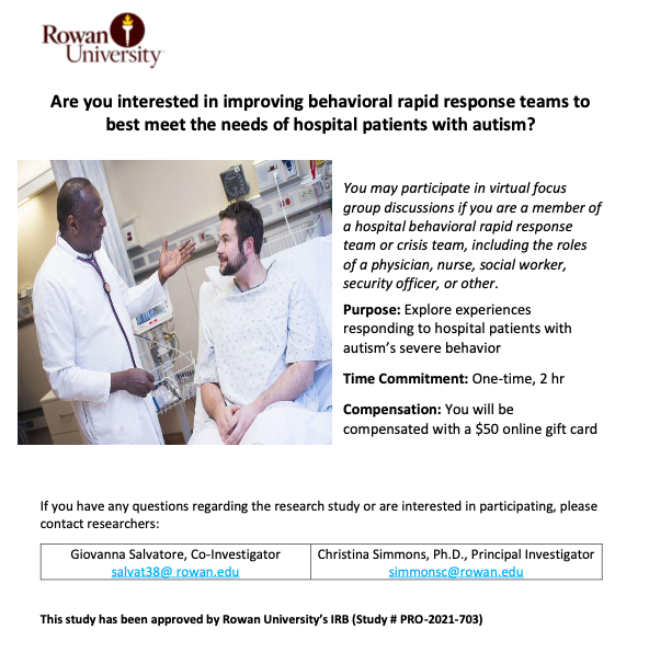 GSalvatore24's tweet photo. #Researchopportunity

Help us improve #behavioralrapidresponse / #BERT/ #BRRT teams to best meet the needs of hospital patients with #autism!

We want to hear your experiences responding to severe behavior, training, and perceived needs. Email salvat38@rowan.edu if interested. https://t.co/8PIbo9psqG