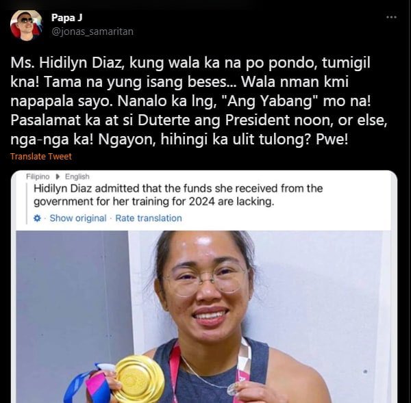 guingonabart's tweet photo. They accuse Leni of being unpatriotic for telling the truth at Harvard about the Marcoses and disinformation. They attack Hidilyn for complaining about the lack of government support. What kind of idiots has our nation spawned? https://t.co/UQXRgWsUYZ