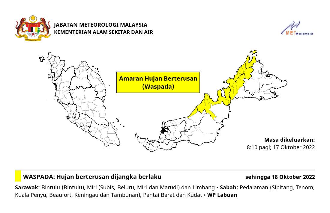 AMARAN HUJAN BERTERUSAN (Waspada). 🌧️🌧️🌧️
Dikeluarkan pada: 8:10 pagi, 17 Oktober 2022

#amaranhujanberterusan
#metmalaysia
#MenangBersama
#LindungDiriLindungSemua