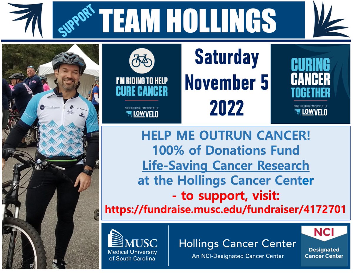 For one more year, we are riding our bikes for a good cause <a href="/lowvelo/">LOWVELO</a> - to support life-saving cancer research and clinical trials <a href="/muschollings/">MUSC Hollings Cancer Center</a>. Help me help the cause at: fundraise.musc.edu/fundraiser/417…

#cancer #CancerResearch #CancerAwareness #cancerfighter