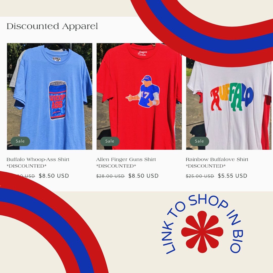 capra_co's tweet photo. how bout them bills baby!!! 😍 celebrate this win all week long with an ADDITIONAL ✨50% off✨ all my discounted bills apparel when you use the code “GOBILLS” 

sizes and quantities are VERY limited since these are leftovers so grab em while ya can! 

https://t.co/Iv7xGh3ZQC https://t.co/Gl3SEfJgcP