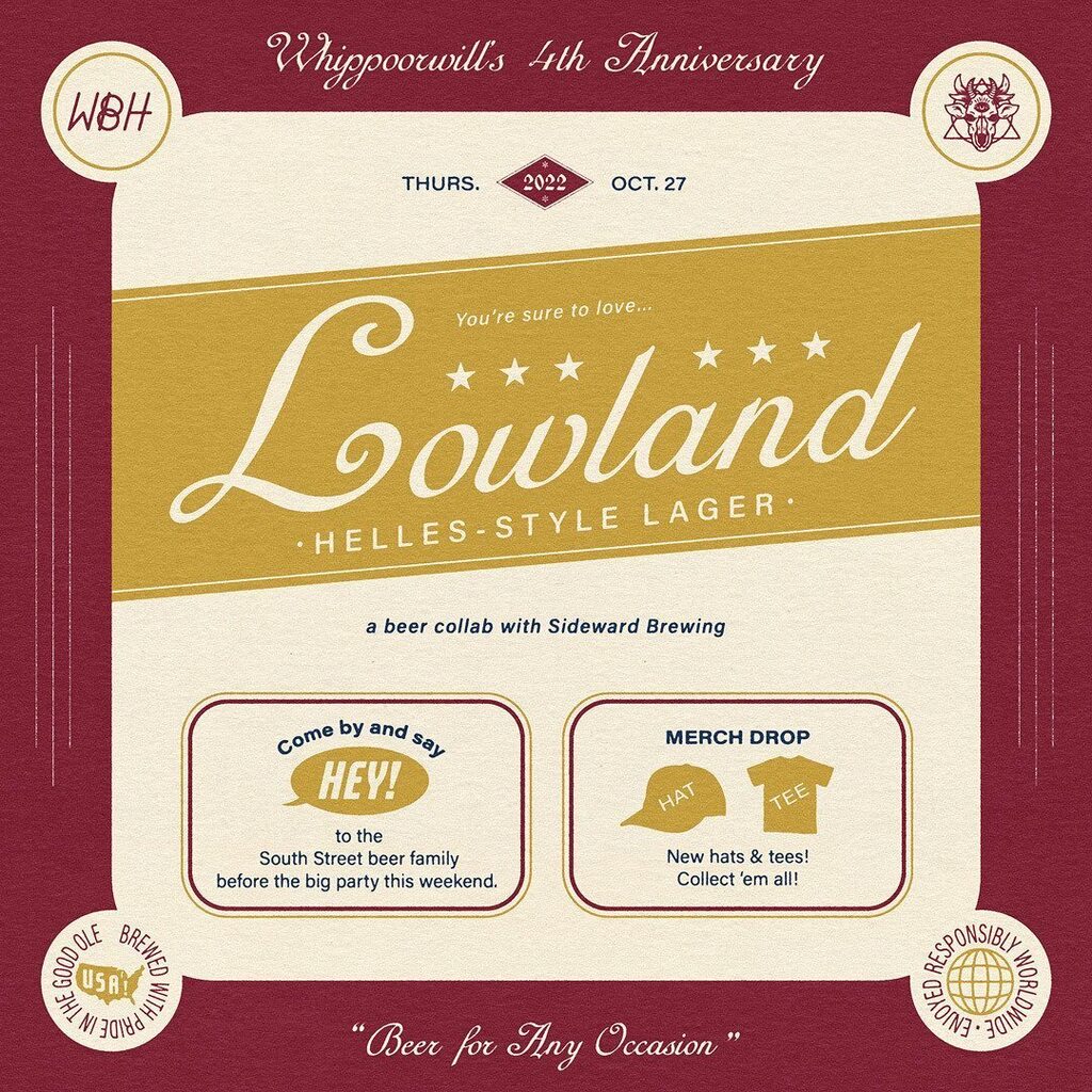 💫We’ve got an anniversary comin up💫

Four years of beers. Boy, time really is somethin ain’t it? 

We’re ready to celebrate 4 big ones on South Street with our Whippoorwill family and what better way than to have @sidewardbrewing brew up a one of a k… instagr.am/p/CjyzHQPMzTv/