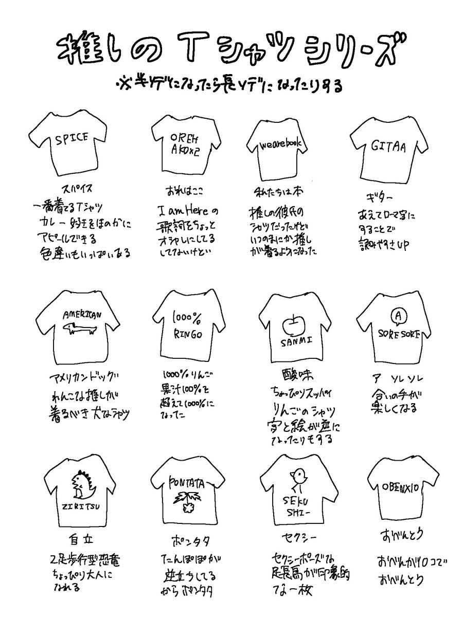 好評(?)いただいてる推しのTシャツシリーズです
載ってないのもある気がします…(思い出せない) 