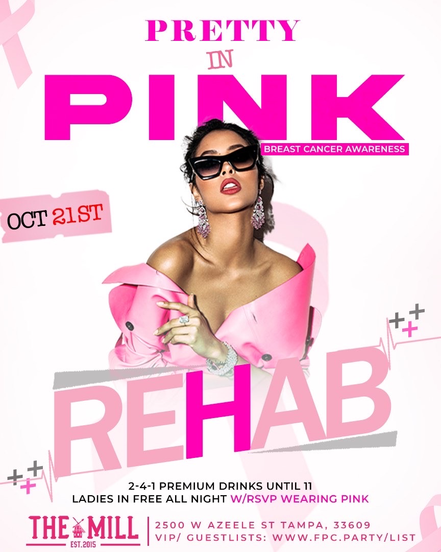 This Friday OCt 21st We are Back at the Mill for REHABFridays 
Pretty in Pink
Breast Cancer Awareness 
2-4-1 Premium Drinks until 11 pm 

Doors Open at 9pm 
Music by @djsilencer and DJ Hush Da Fuss 

Hosted by @dlynk and <a href="/mrclean5000/">Theodore Clean</a>