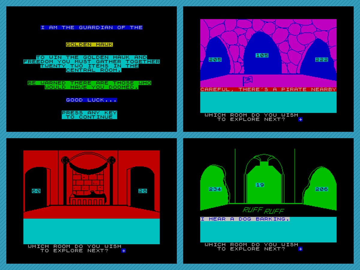 OldSchoolBooks1's tweet photo. Today's #retrogaming on the #ZXSpectrum #GoldenHawk is a treasure hunt with numbered rooms, so instead of East, West etc, you just type in the room number (makes it even easier to get lost!) Collect the treasure and take it to the central room ( if you can find it!) https://t.co/bafTdr8U8P
